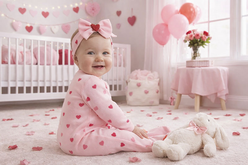 White and pink hearts baby girl Valentine's Day outfit with matching headband and crib socks