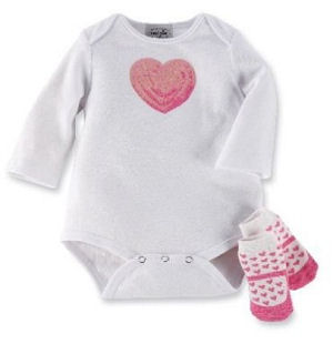 White baby girl Valentine's Day onesie set with pink sequins and matching crib socks