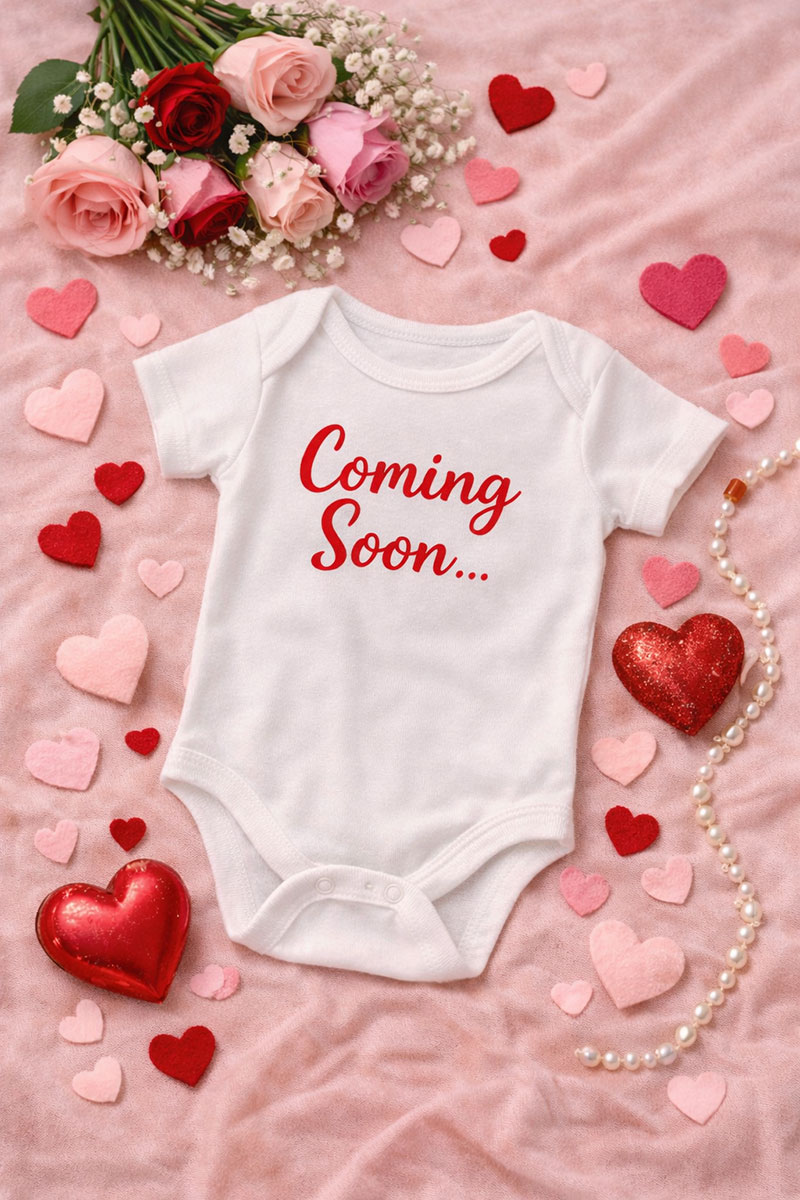 Valentines Day baby announcement with simple onesie, roses, and heart accents in warm colors