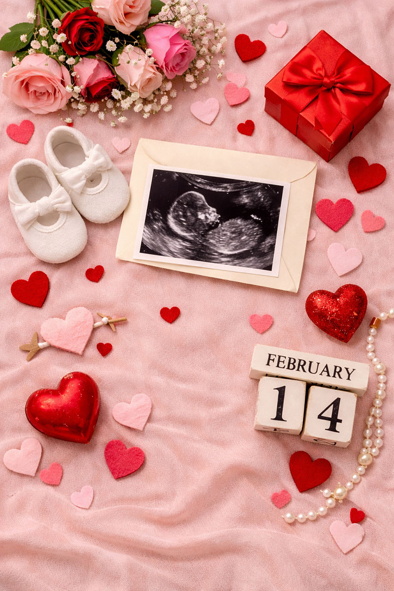 Valentines baby announcement flat lay with ultrasound photo, hearts, and soft pink decor
