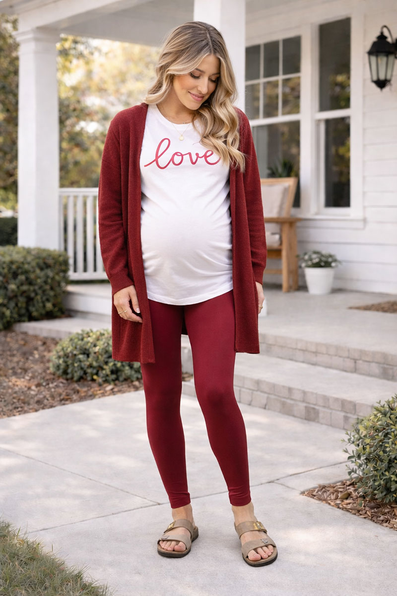 Casual Valentines Day maternity photoshoot outfit with leggings, long cardigan, and statement tee