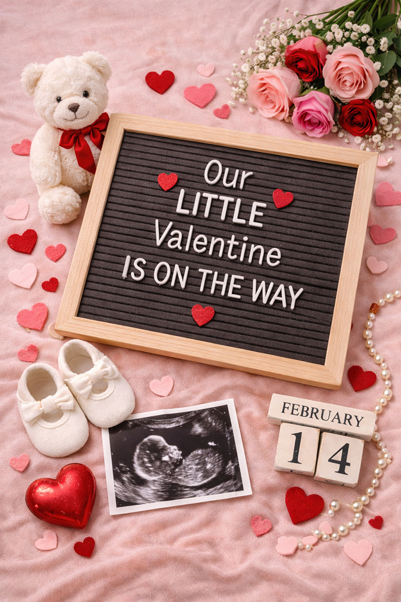 Valentines pregnancy announcement with letterboard message, heart decor, and soft neutral tones