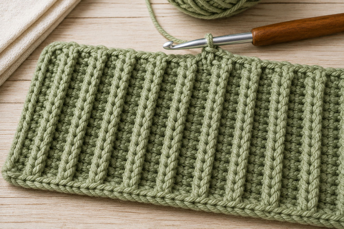 Partially completed vertical ribbed crochet baby blanket spread across an upholstered ottoman with the working hook and stitch markers visible