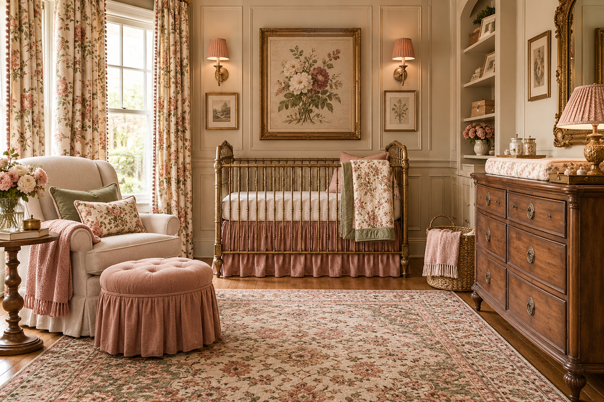 Vintage baby girl nursery with antique style furniture floral decor dusty rose and sage accents framed wall art and warm wood details
