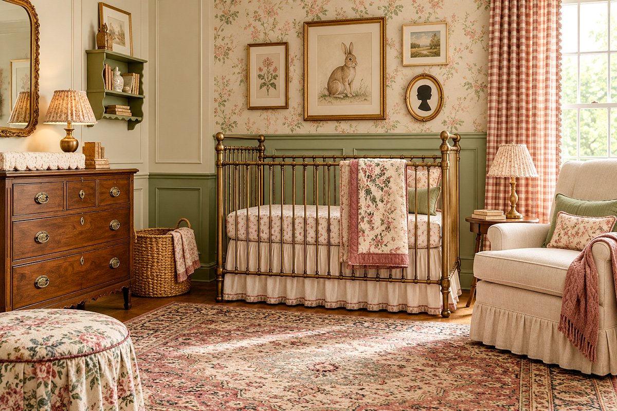 Vintage baby nursery with timeless furniture, framed nursery art, patterned textiles and carefully chosen old fashioned decor