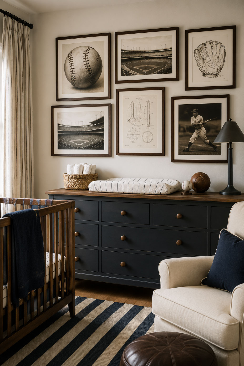Vintage baseball nursery with framed stadium art, striped rug, wood crib, and classic sports decor