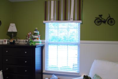 Vintage Baby Nursery Theme w Striped Window Valance and Bright Olive Green and White Wall Paint Color 