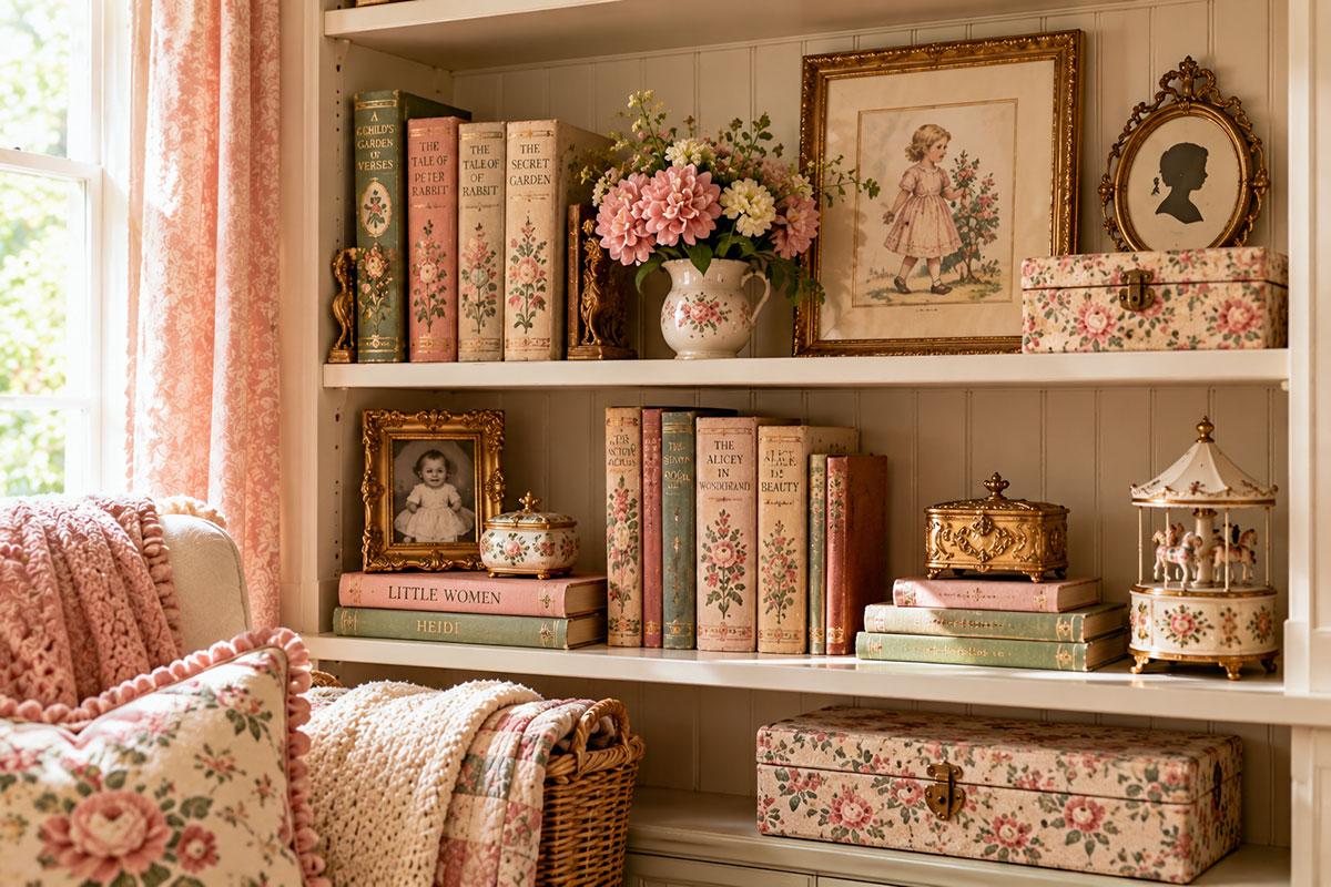 Vintage baby girl nursery shelf display with old children's books framed family pieces keepsake boxes and carefully arranged heirloom decor