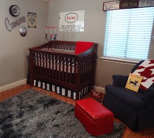 Classic vintage car baby boy nursery theme with Chevrolet truck tailgate DIY wall decor.
