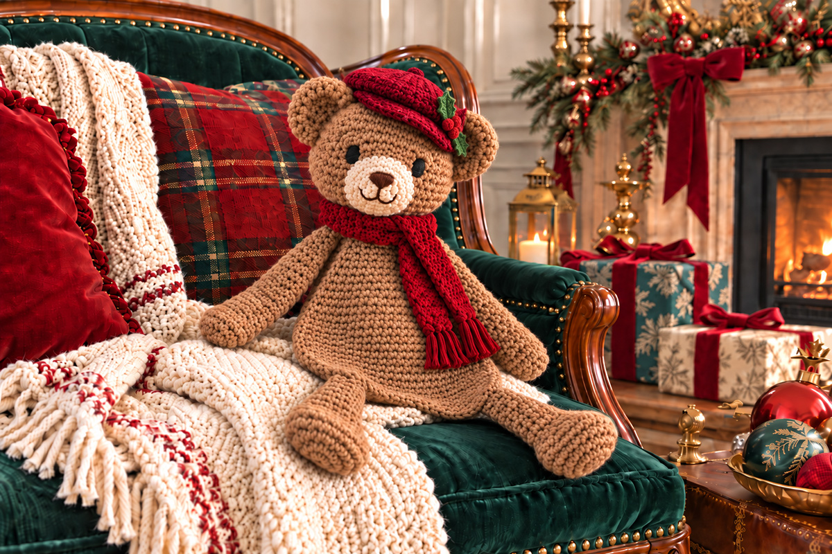 Vintage Christmas teddy bear crochet pattern in a floppy snuggler lovey style with a cranberry scarf