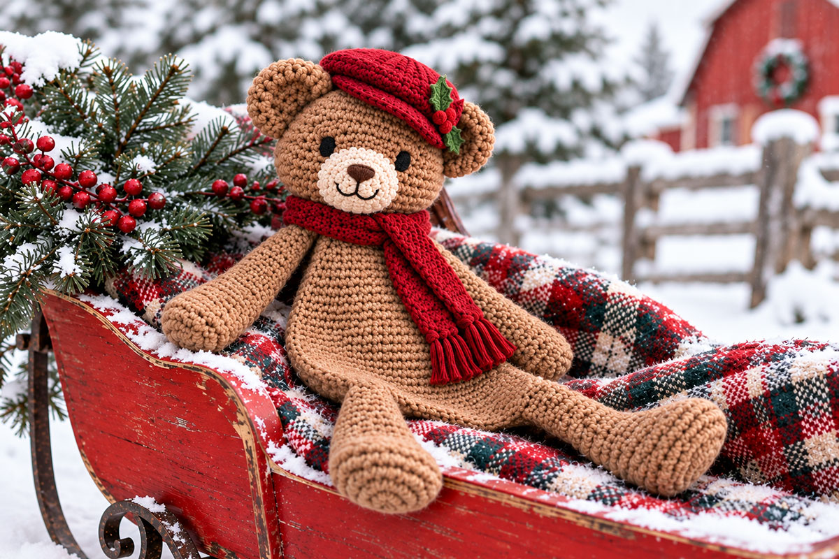 Vintage Christmas teddy bear snuggler showing the lightly stuffed flat body and floppy crochet arms and legs