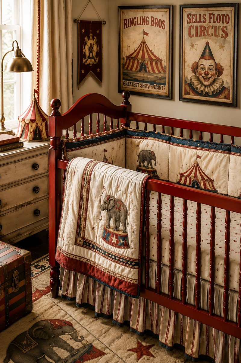 Vintage circus crib bedding with striped fabrics, carousel details, and classic nursery styling