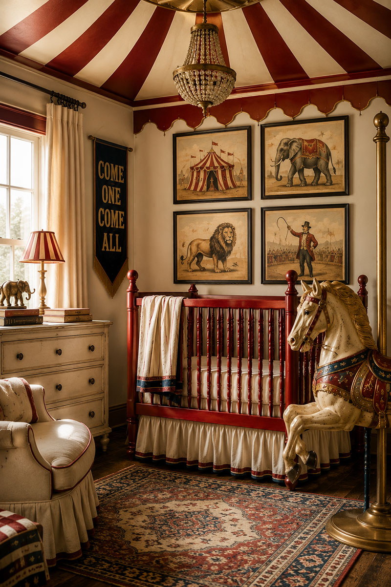 Vintage circus nursery decor with striped ceiling, red crib, framed circus artwork, and carousel inspired accents