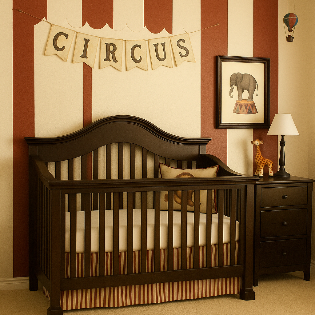 Vintage circus baby boy nursery with red and gold details