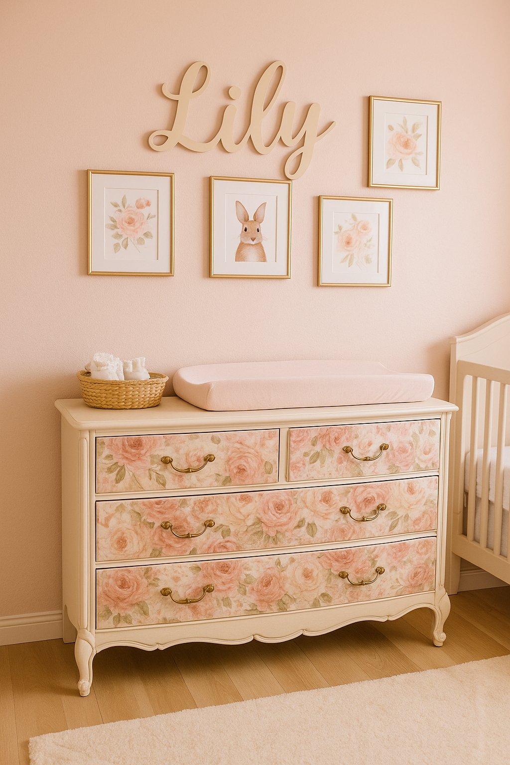 Repurposed vintage dresser used as a changing table in a baby girl's blush and gold nursery