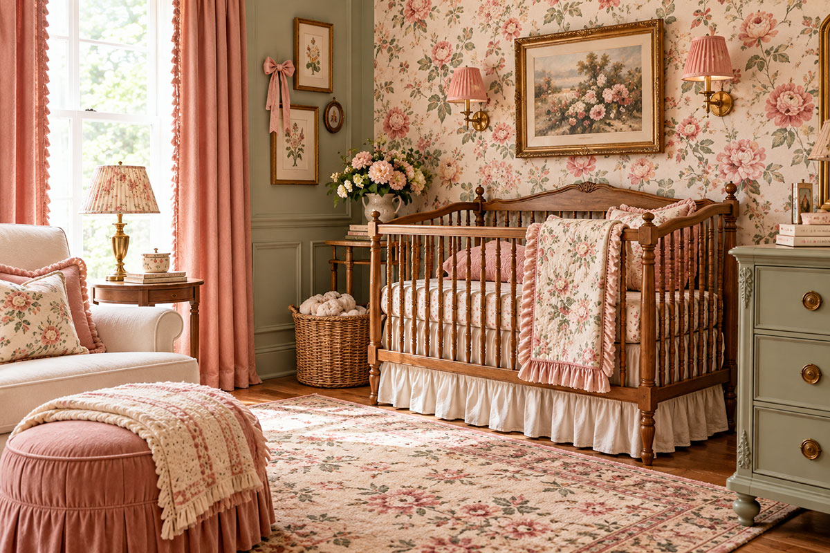 Vintage floral baby girl nursery with restrained floral wallpaper dusty rose textiles warm wood furniture and antique brass accents