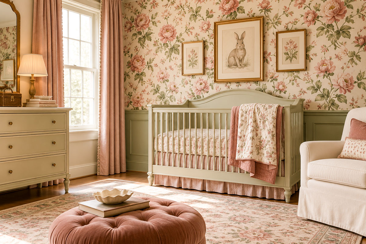Vintage floral nursery wallpaper paired with simple painted furniture, understated curtains and framed nursery artwork