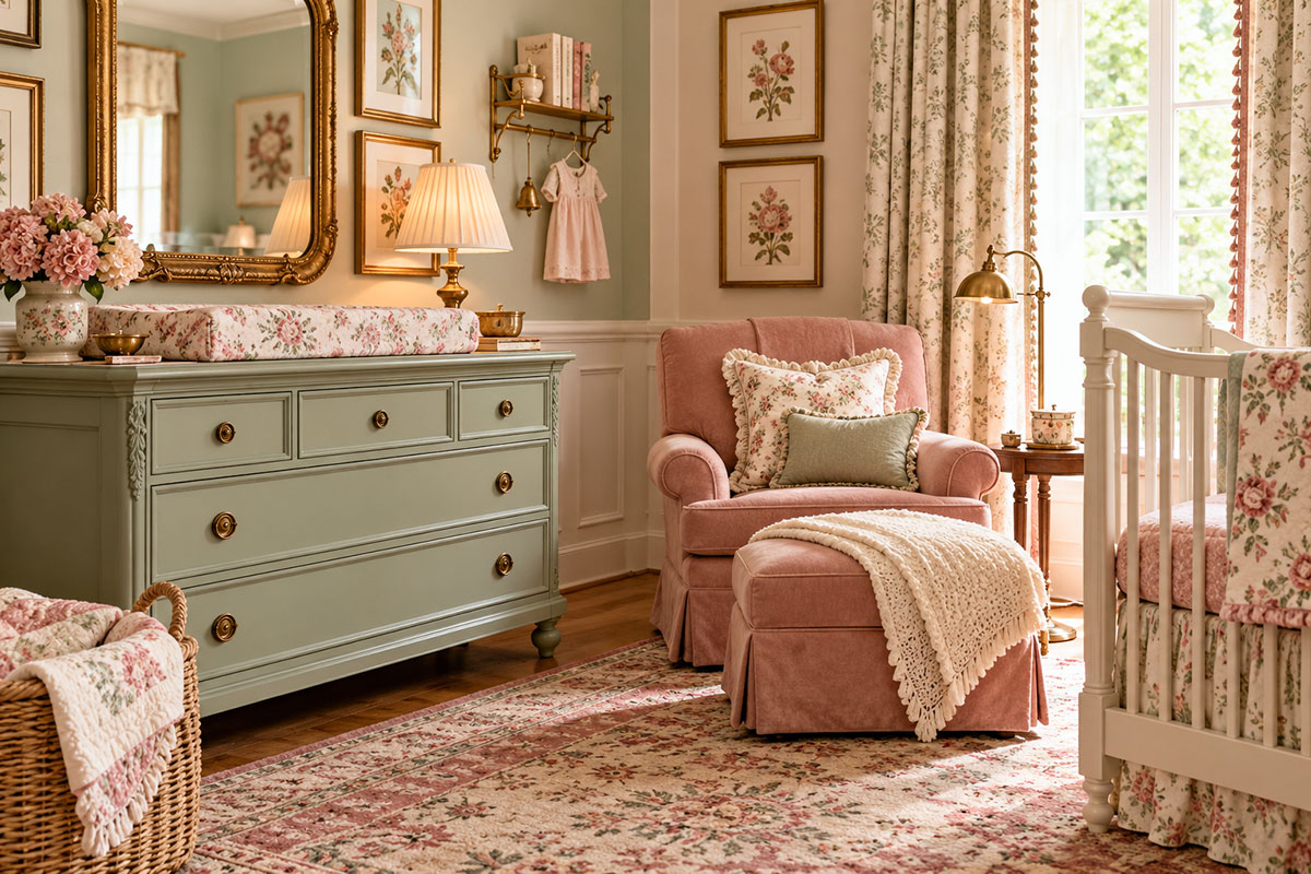 Vintage baby girl nursery in dusty rose sage green cream and berry tones with warm wood furniture and layered traditional textiles