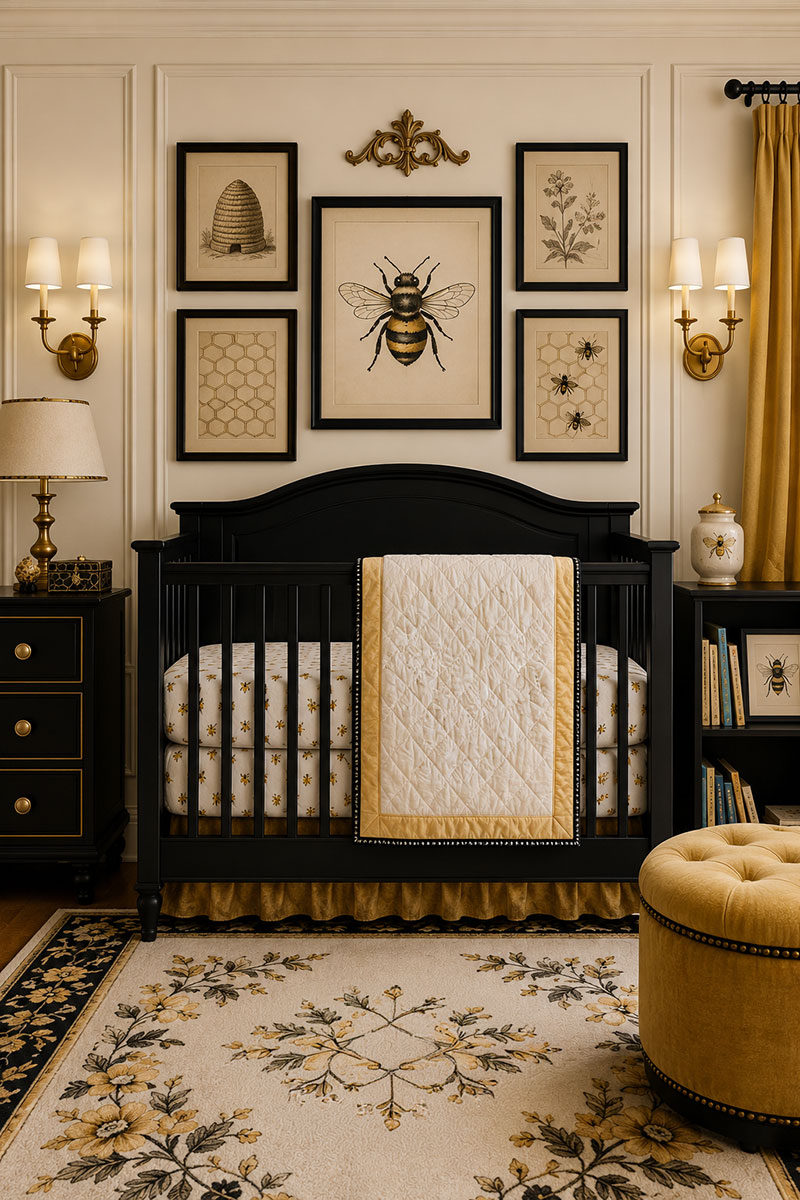 Vintage honey bee wall art in black frames above a crib with honeycomb nursery accents