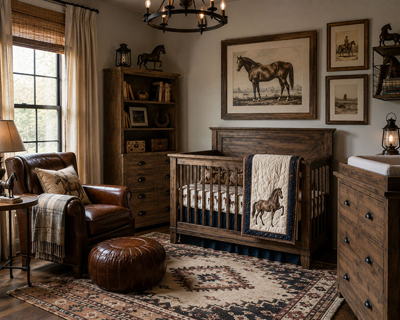 Vintage horse nursery with western wall art and antique inspired nursery decor