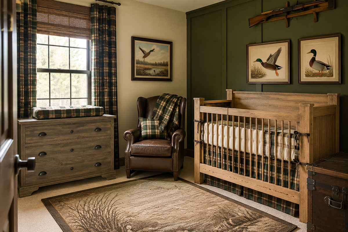 Vintage mallard duck hunting nursery with natural wood crib, marsh bird artwork, plaid textiles and rustic lodge decor