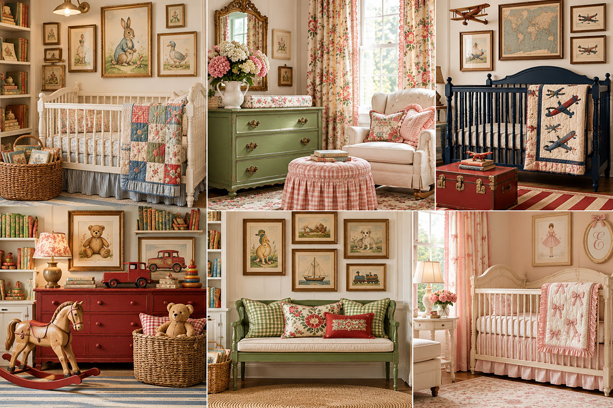 Vintage nursery theme ideas featuring storybook artwork, classic floral fabric, old travel prints and carefully displayed toys