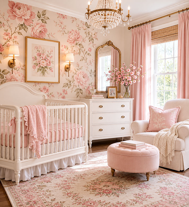 Vintage pink nursery with floral wallpaper, antique white crib and brass wall sconces