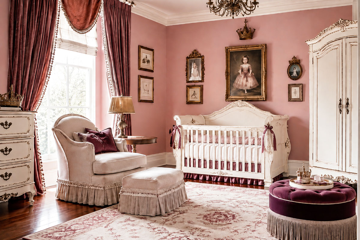 Vintage princess nursery with dusty rose walls antique inspired white furniture plum accents ornate framed artwork and subtle crown decor