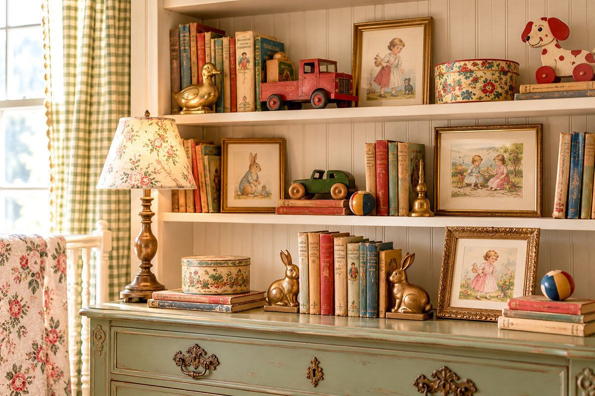 Vintage nursery shelf displaying a small collection of old children's books, classic wooden toys and framed family keepsakes