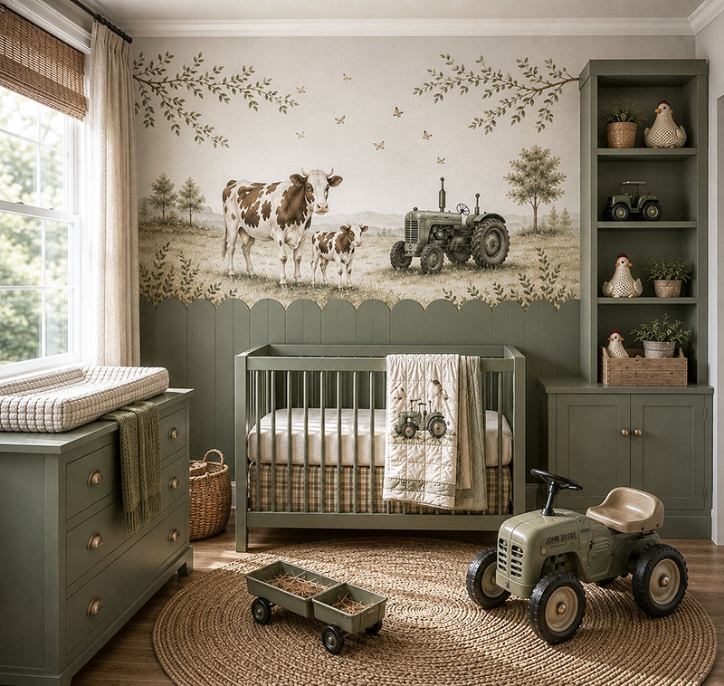 Vintage tractor nursery decor with farmhouse crib, antique toy tractor, and rustic country nursery styling