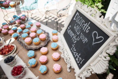 Pink and blue vintage baby shower cupcakes dessert table