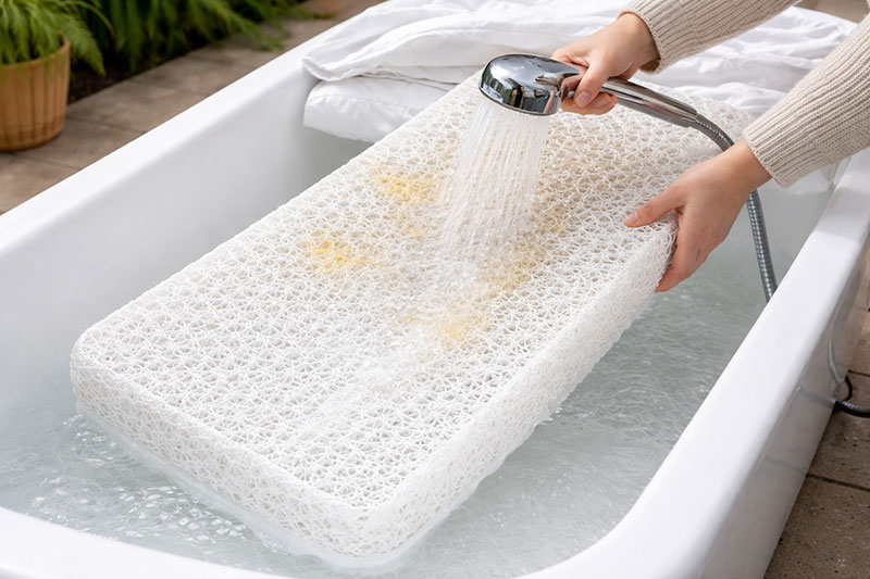 crib mattress being rinsed clean to demonstrate washable design