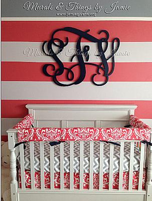 Watermelon Pink, Black and Gray Baby Girl Nursery w Pink and White Wall Stripes and a Large Wooden Wall Monogram by Jamie Givens