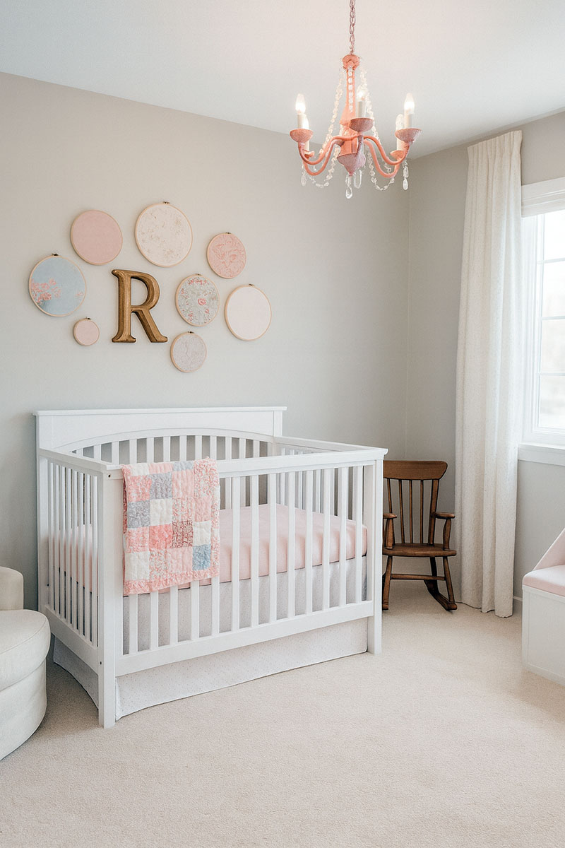 Watermelon pink and soft gray baby girl nursery with a white crib and soft handmade decor