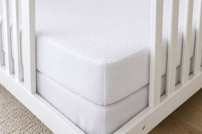 crib mattress protector fitted tightly around mattress corners