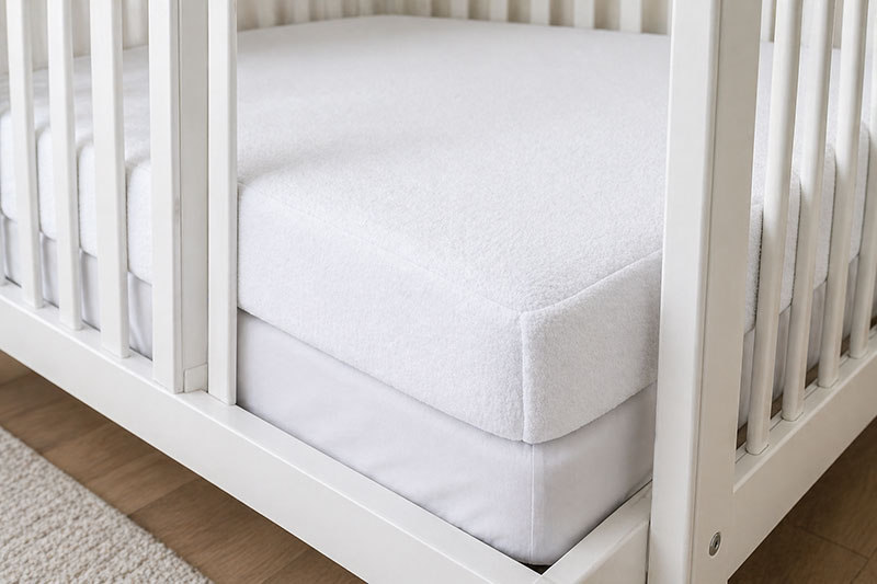 waterproof crib mattress protector fitted tightly under crib sheet