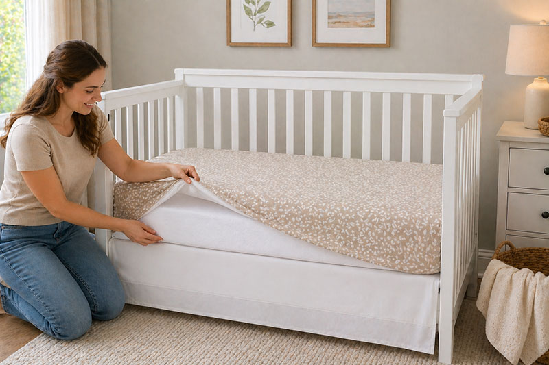 crib mattress protector layered under fitted crib sheet
