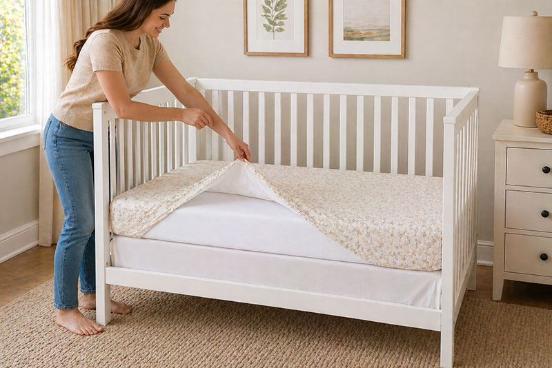 modern nursery crib with fitted waterproof mattress protector under sheet