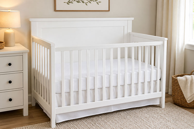 waterproof crib mattress protector under a patterned fitted crib sheet