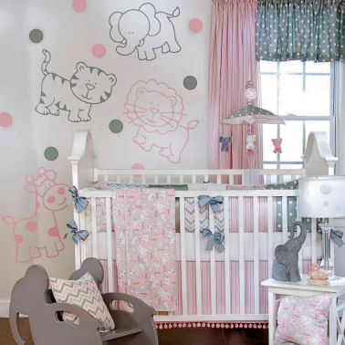 Pink and grey baby girl jungle nursery ideas with giraffes lions tigers and elephants