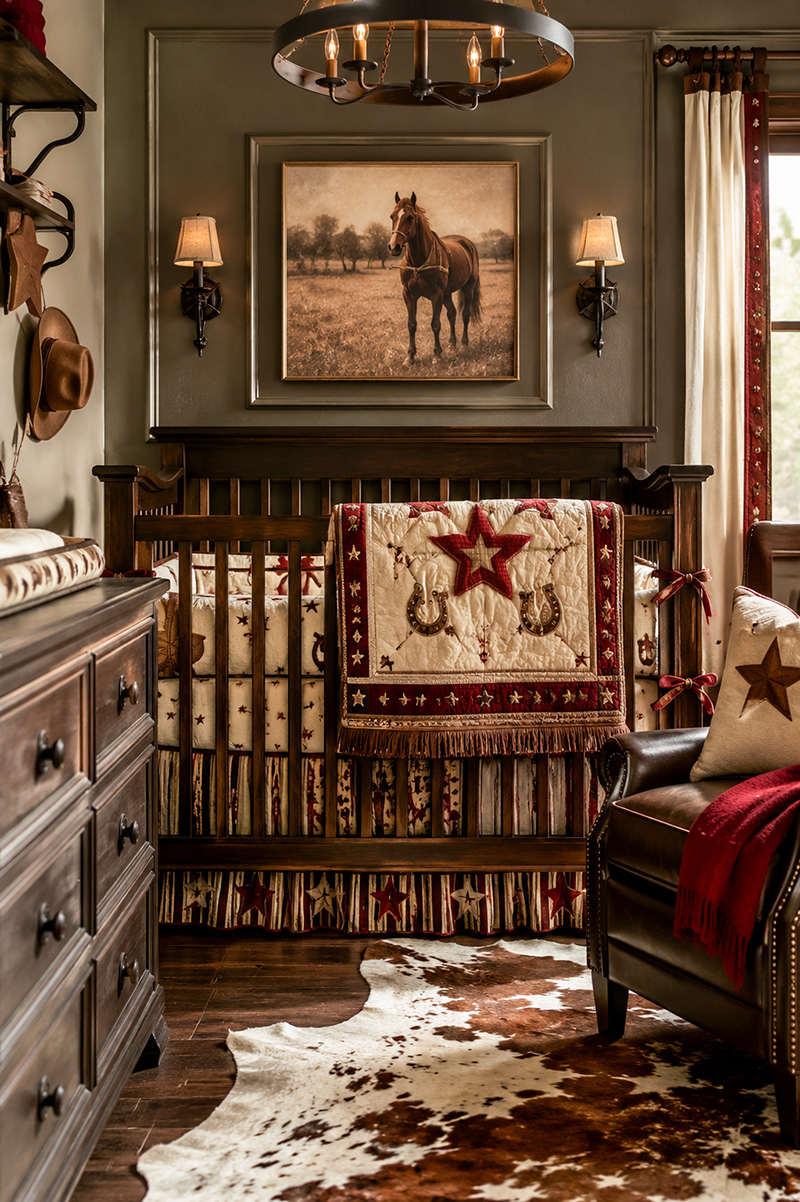 Cowboy baby nursery ideas with western crib bedding, rustic ranch colors, and horse themed room decor