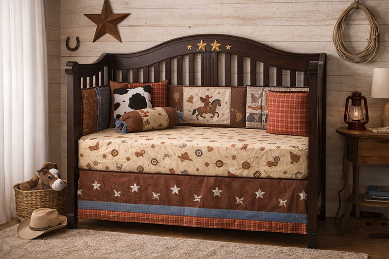 Vintage western baby cowboy nursery crib bedding set with rust crib skirt, bumper, quilt and fitted crib sheet