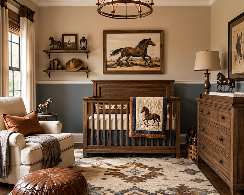 Western horse nursery with layered neutral colors and rustic wood crib