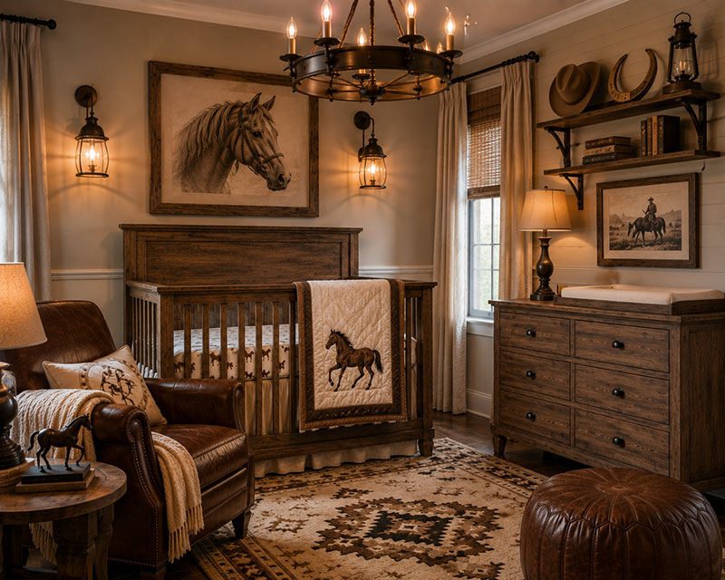 Western nursery lighting with brass lamp and horse nursery decor
