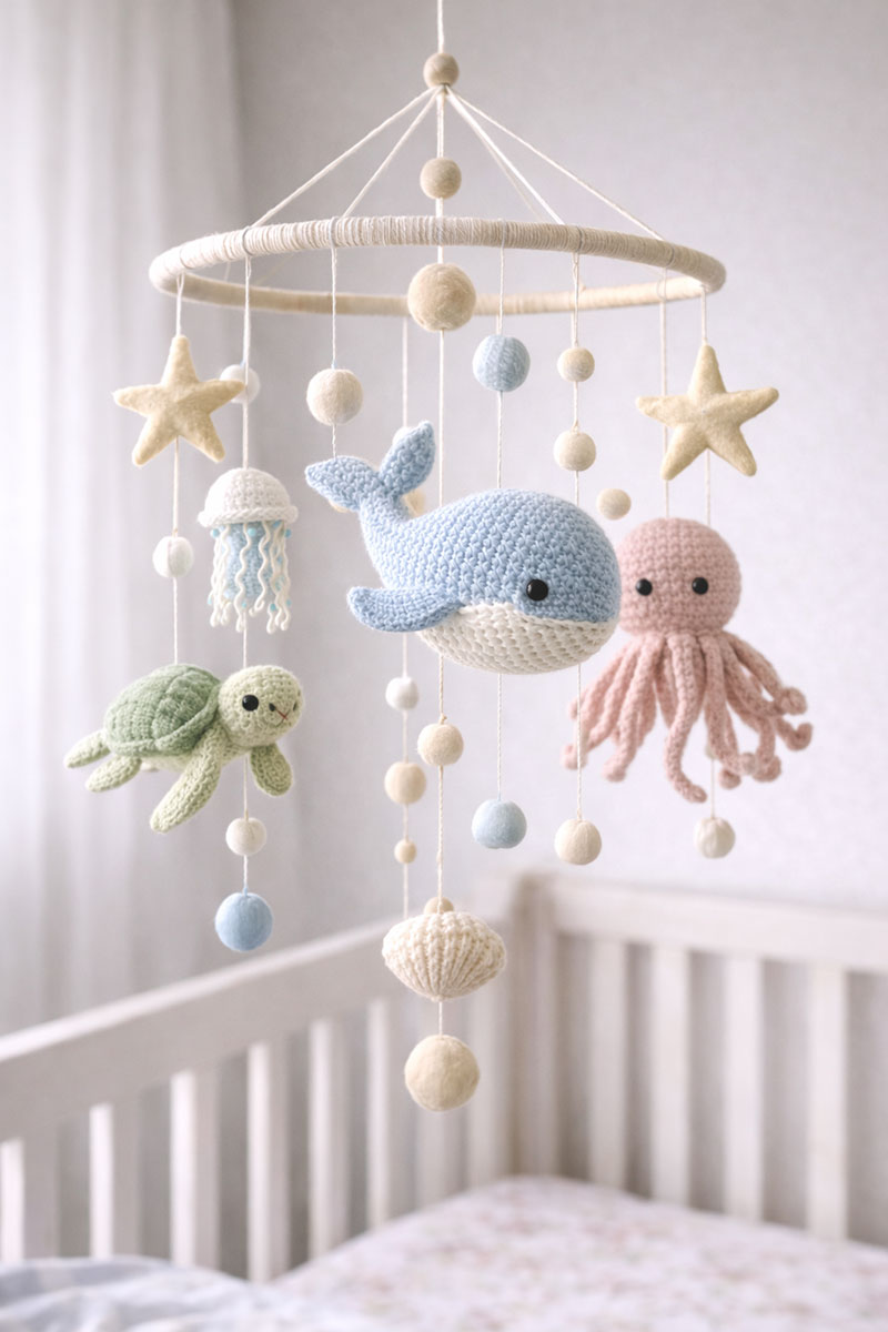 Whale crib mobile centered over crib in a modern ocean nursery