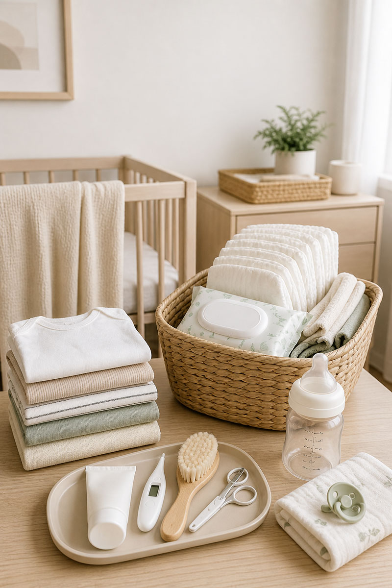 Minimal baby essentials setup with crib, diapers, and simple newborn items in a neutral nursery