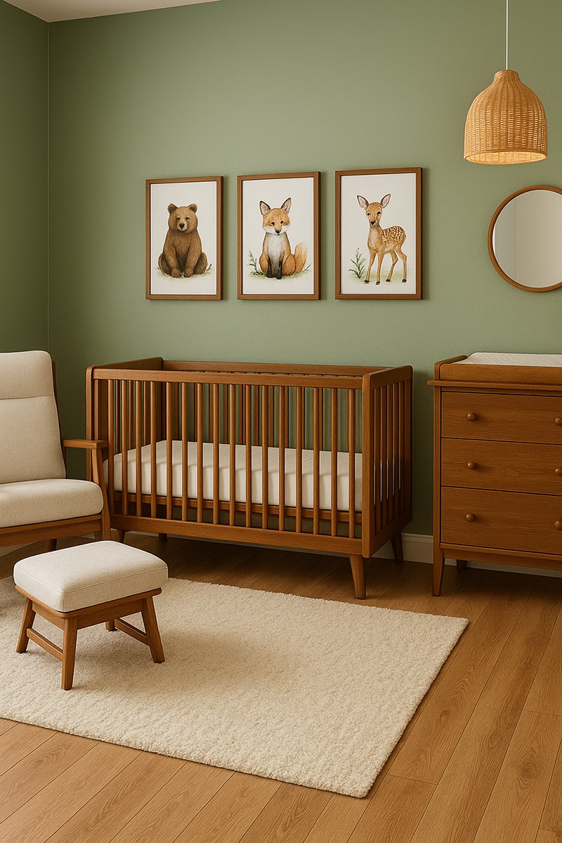 Warm neutral baby nursery with natural wood crib and soft lighting