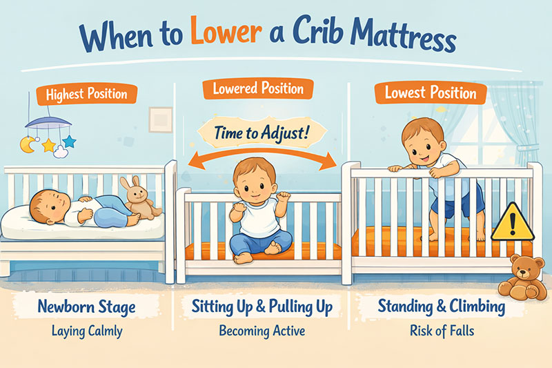 Baby standing in crib showing the milestone when to lower a crib mattress