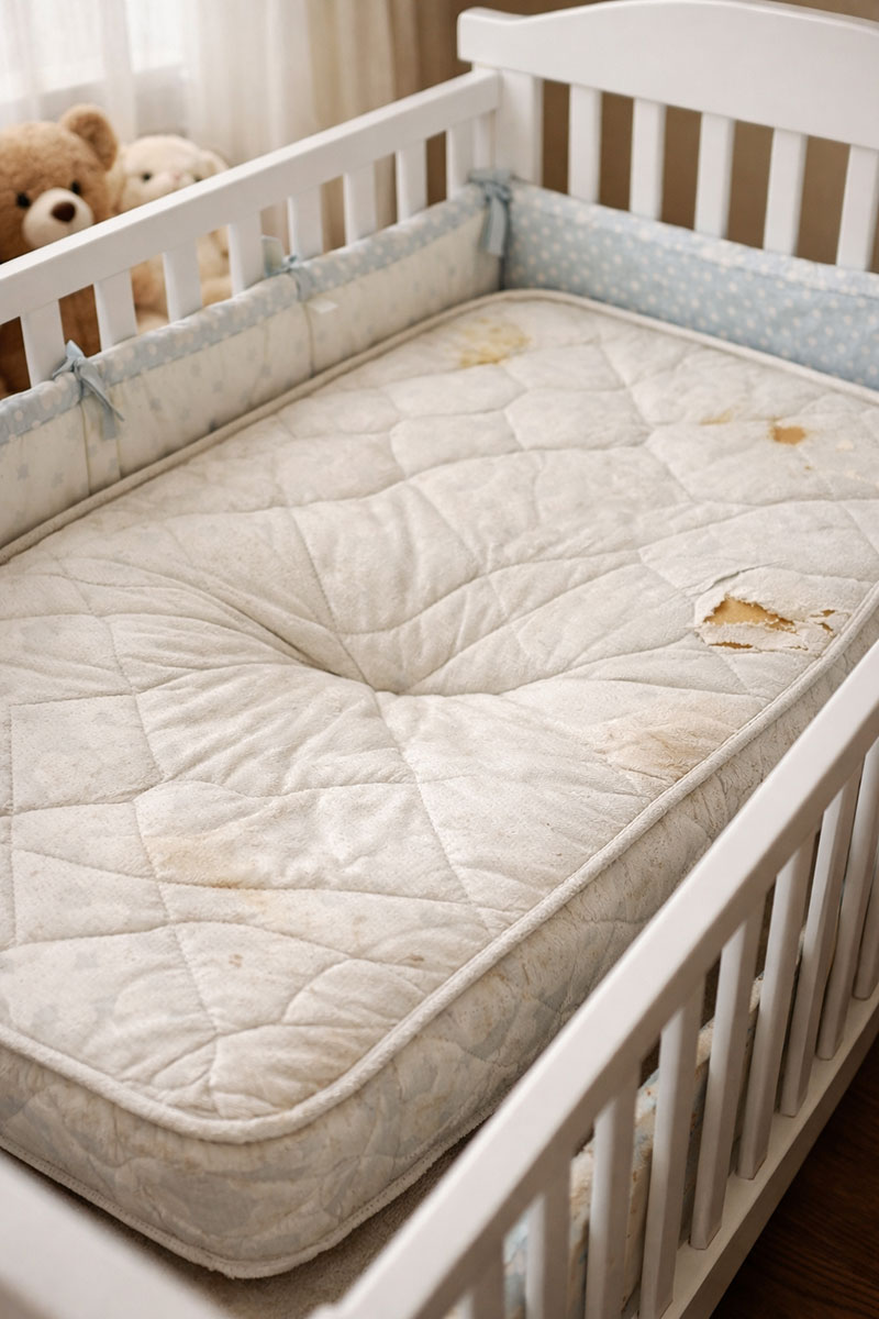 Crib mattress showing signs of wear and sagging inside a baby crib