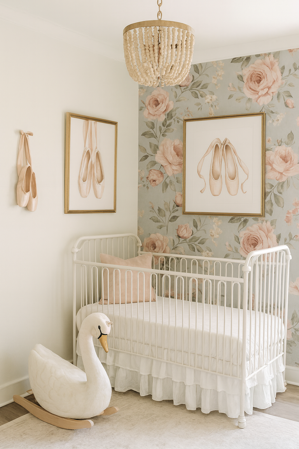 Soft floral ballerina nursery with vintage swan riding toy